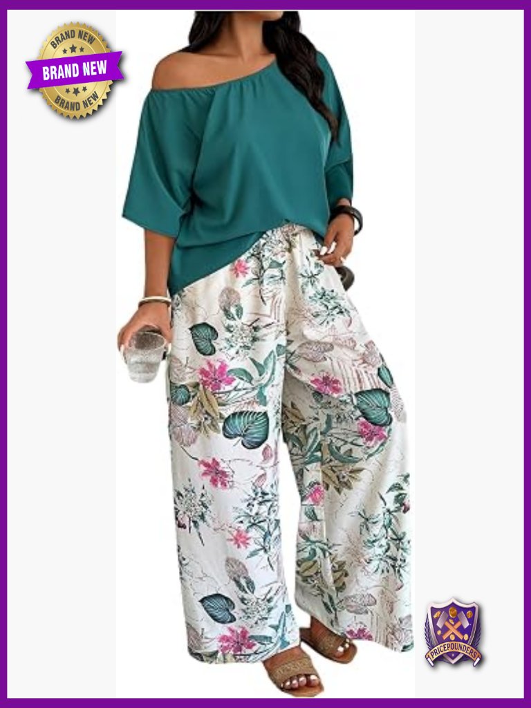 Plus Size 2 Piece Boho Vacation Outfit Off Shoulder Top & Pants Set
